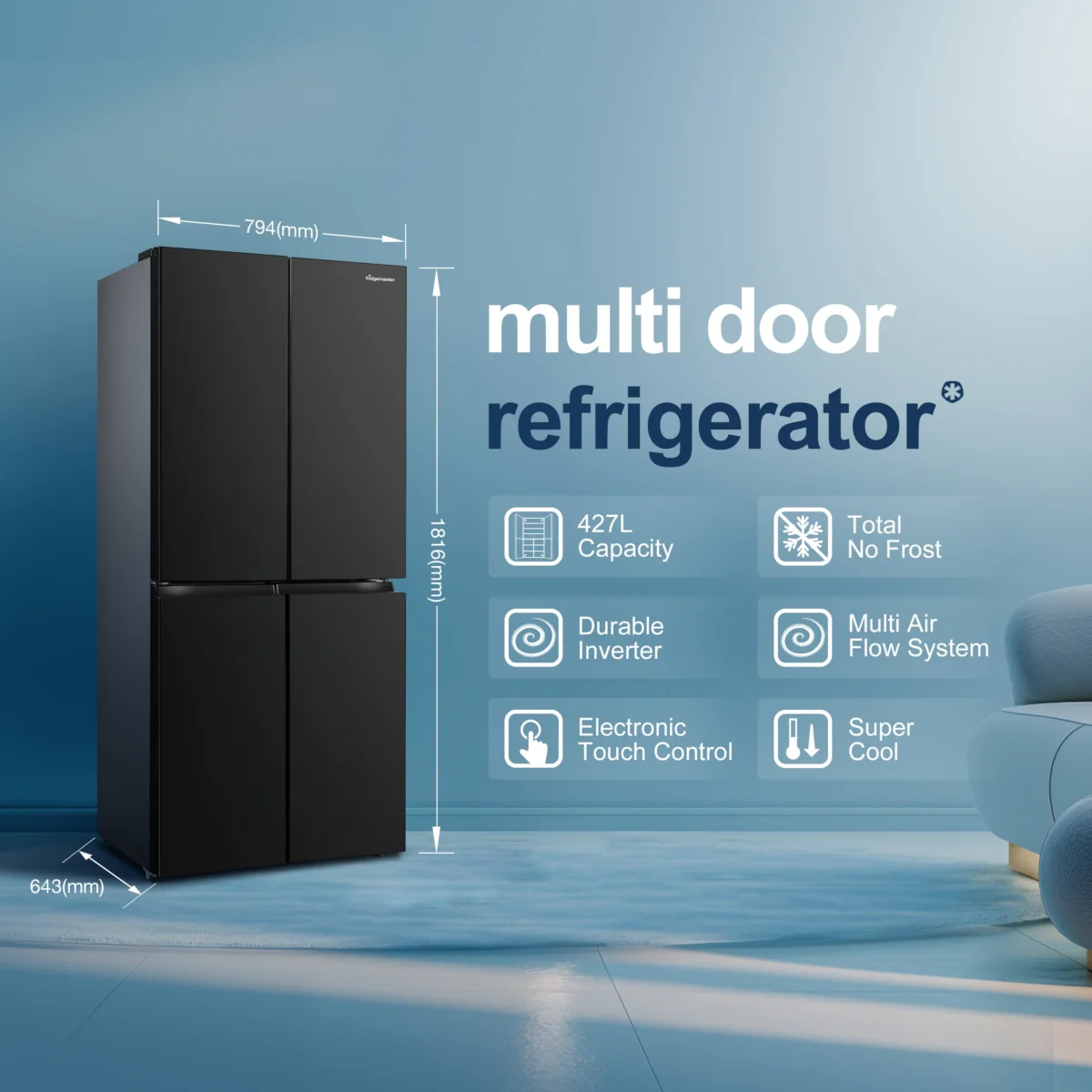 Fridgemaster MQ79395EB - Black American Fridge Freezer - 427L Capacity - E Energy Rating - Image 2
