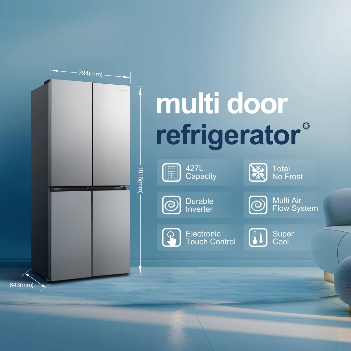 Fridgemaster MQ79395ES - Silver American Fridge Freezer - 427L Capacity - E Energy Rating - Image 4