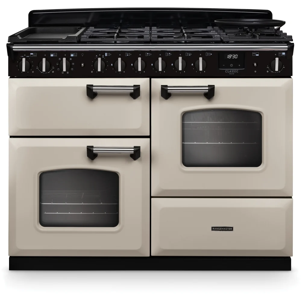 Rangemaster CLDLO110DFPPCR/CM1 Classic Deluxe - Cream 110cm Dual Fuel Range Cooker - 5 Burner with Ceramic Zones - A Energy