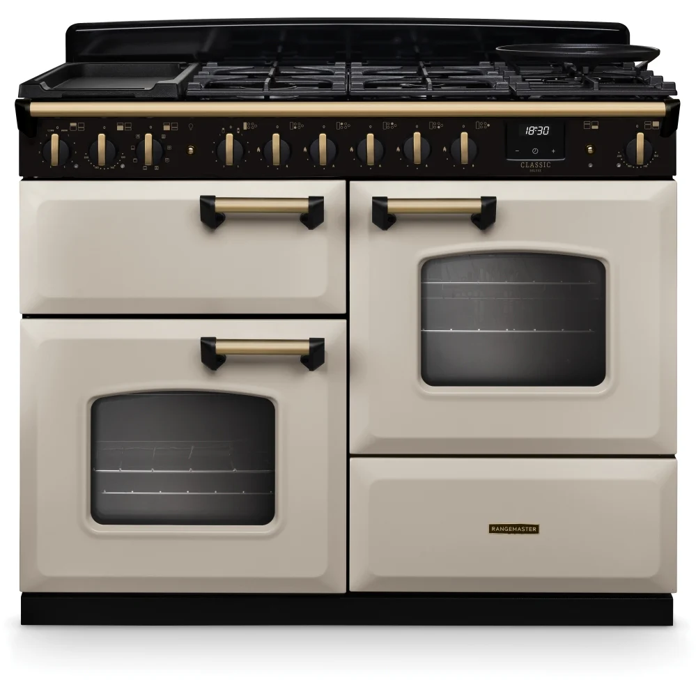 Rangemaster CLDLO110DFPPCR/AB1 Classic Deluxe - Pale Cream/Antique Brass Range Cooker - 110cm Dual Fuel - A Rated