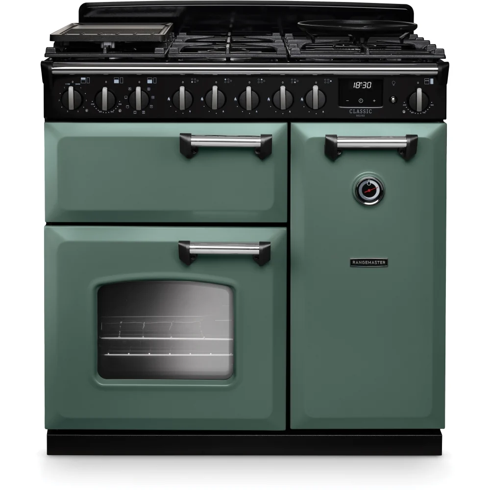 Rangemaster CLDL90DFPMGR/CM1 - Mineral Green/Chrome 90cm Range Cooker - Dual Fuel - A Energy