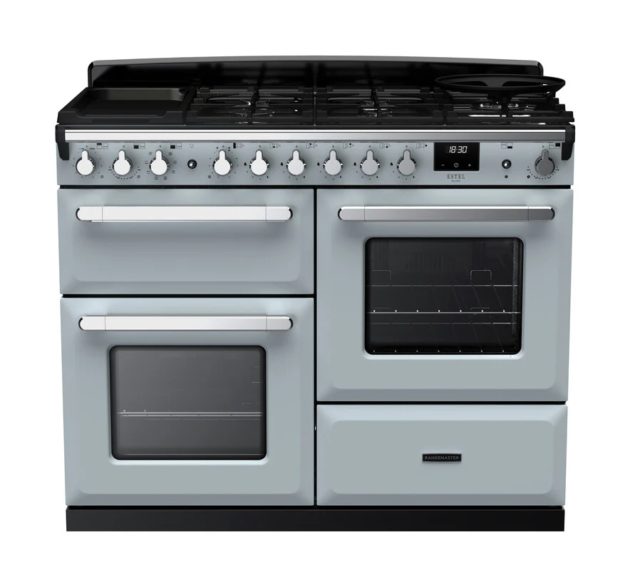 Rangemaster ESDLO110DFPMSB/CM1 Estel Deluxe 110cm Dual Fuel Misty Blue/Chrome