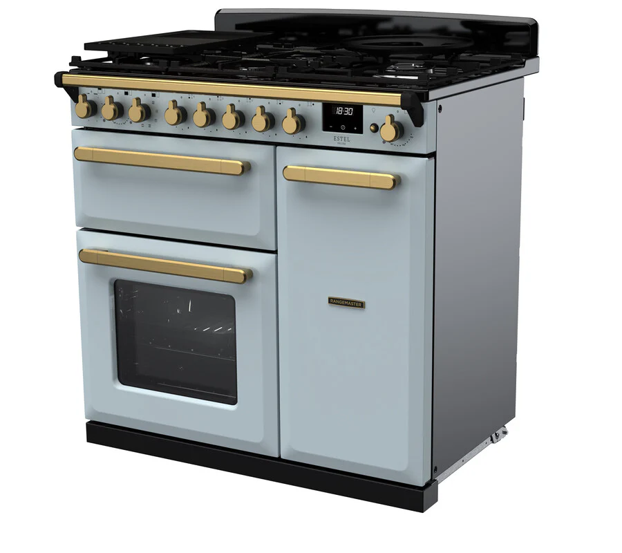 Rangemaster ESDL90DFPMSB/AB1 Estel Deluxe 90cm Dual Fuel Misty Blue/Antique Brass - Image 3