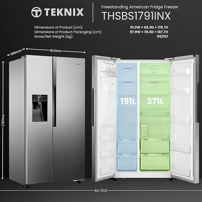 Teknix THSBS1791PLUX Stainless Steel 2 Door Side by Side Fridge Freezer - E rated Plumbed ice+water - Image 5