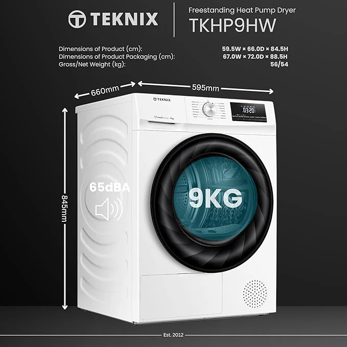 Teknix TKHP9HW - White 9KG Heat Pump Condenser Dryer - E energy - Image 6